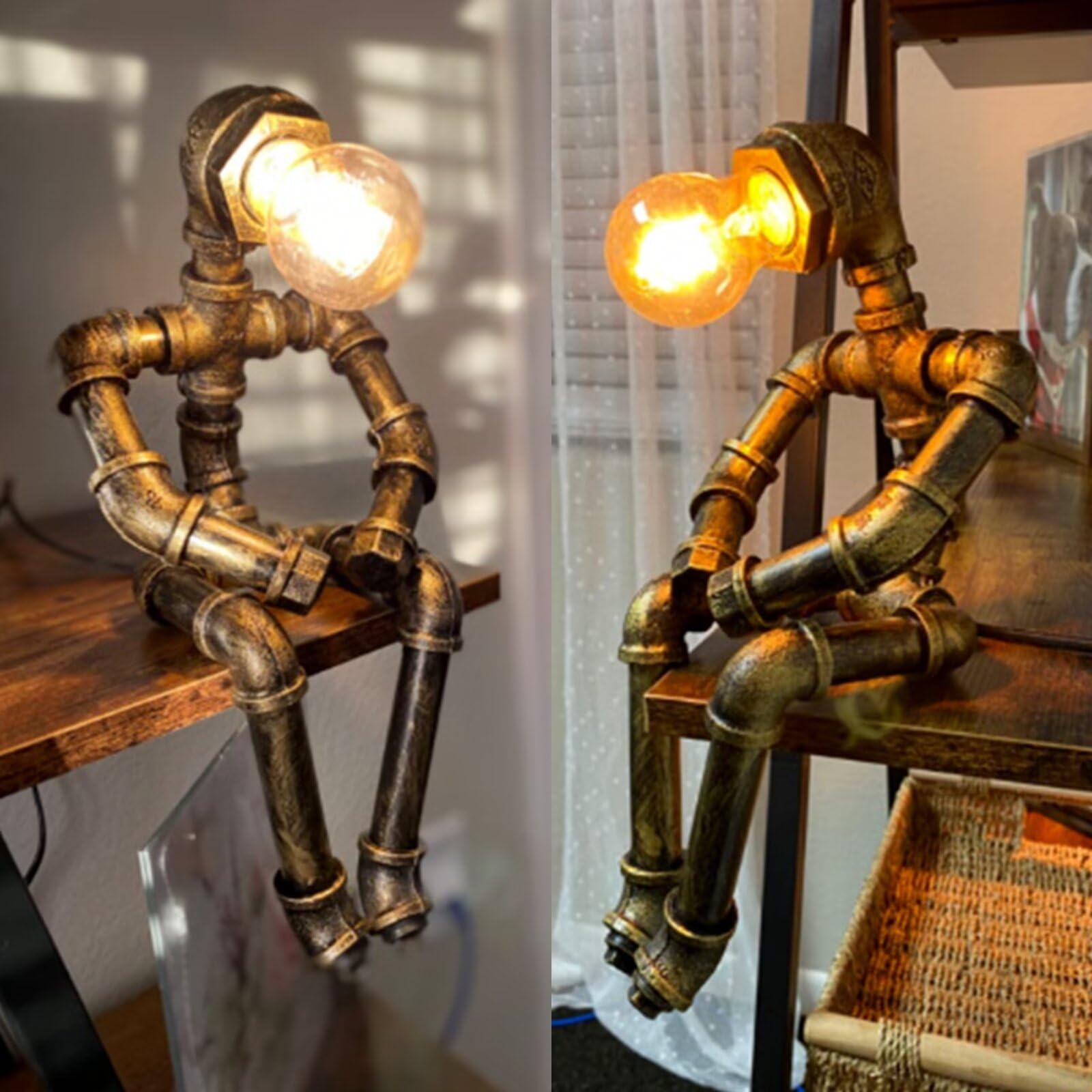 LCYFBE Steampunk Table Lamp, Creative Robot Style Desk Lamp Vintage Industrial Water Pipe Light for Bedside Table Nightstand Bar Restaurant Café