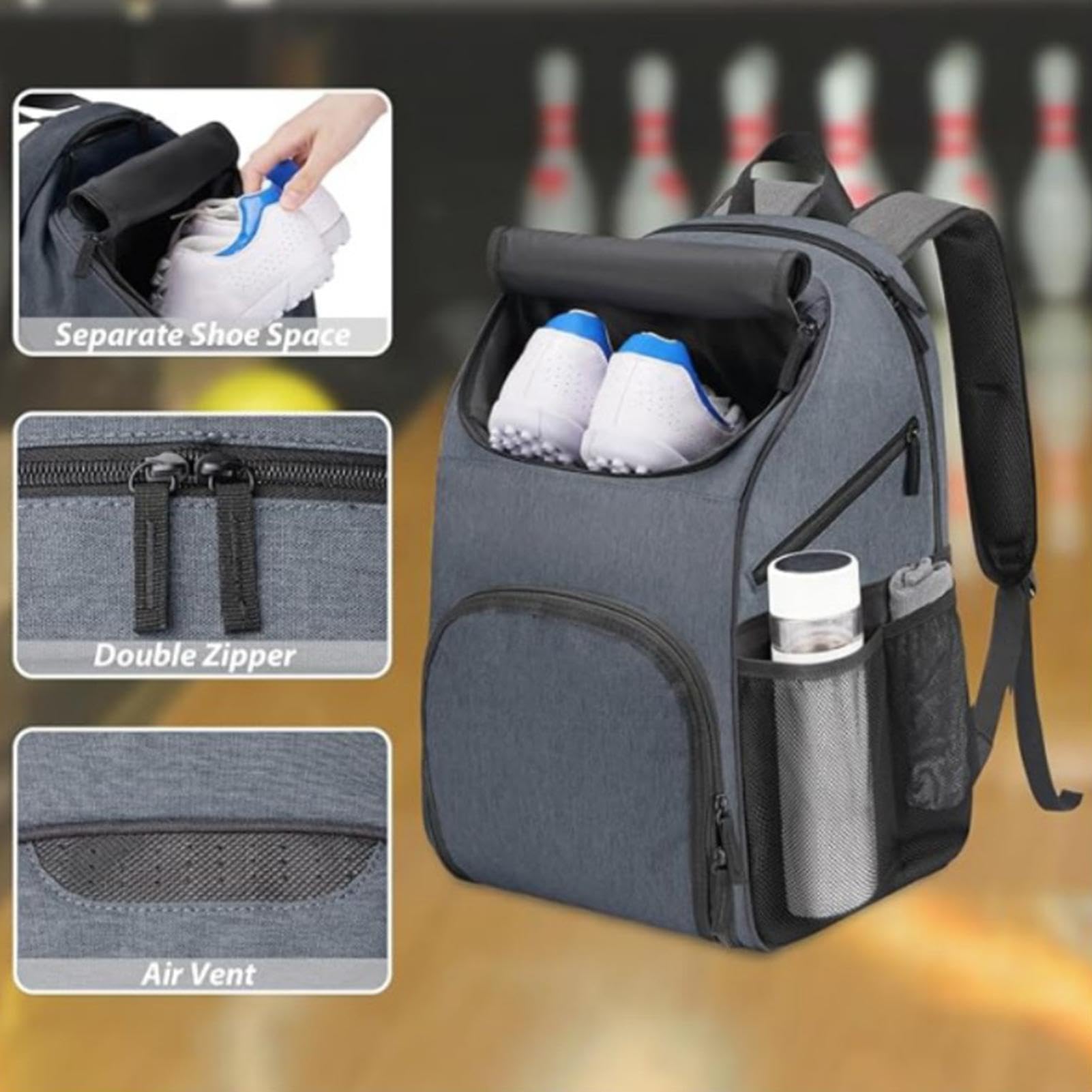 Borsa per palline da bowling, impermeabile, grande capacità con scomparto per scarpe, grigio., Vedere descrizione, Vedi descrizione | Borsa imbottita per giocatori maschili, asciugamani, scarpe, guanti, viaggi e competizioni