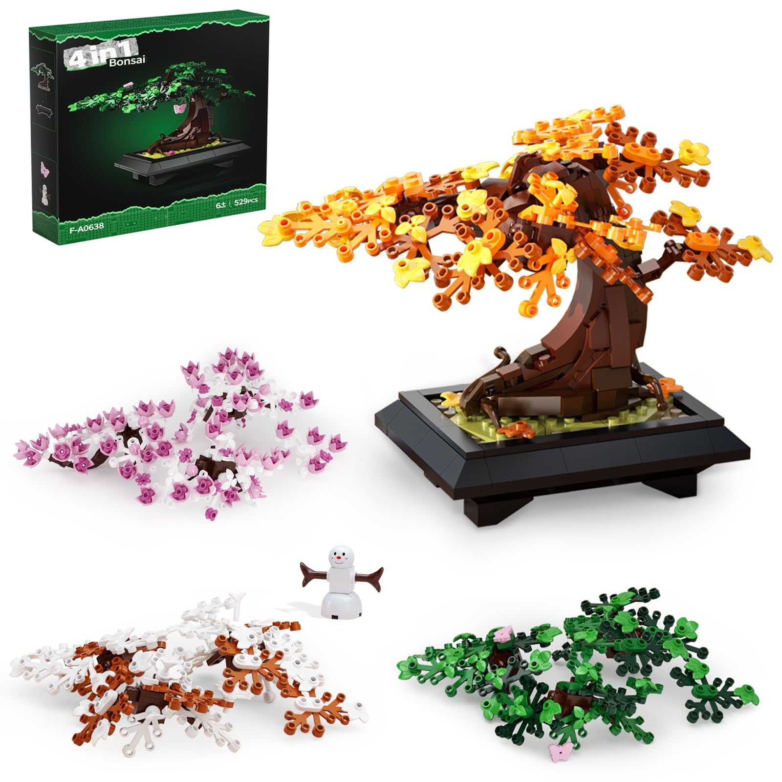 Bonsai Tree Building Set, 4 in 1 Four Seasons Bonsai Tree Building Toy, Plant Collection Home Decoration Building Blocks DIY Adult Creative Gifts for Kids