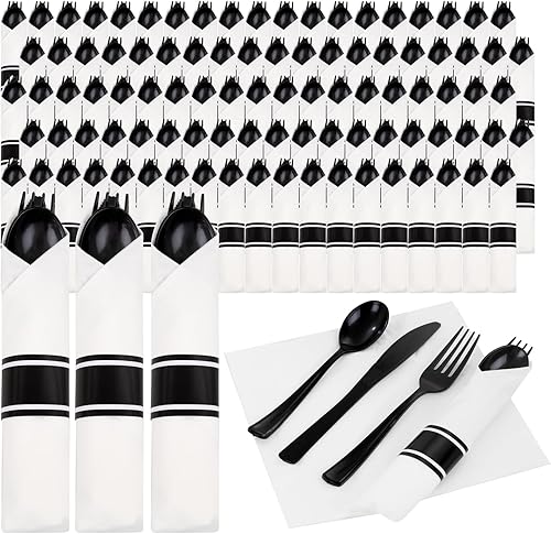 Supernal Paquete de 120 cubiertos de plástico negro, cubiertos enrollados desechables, juego de cubiertos preenvueltos con servilleta, utensilios de
