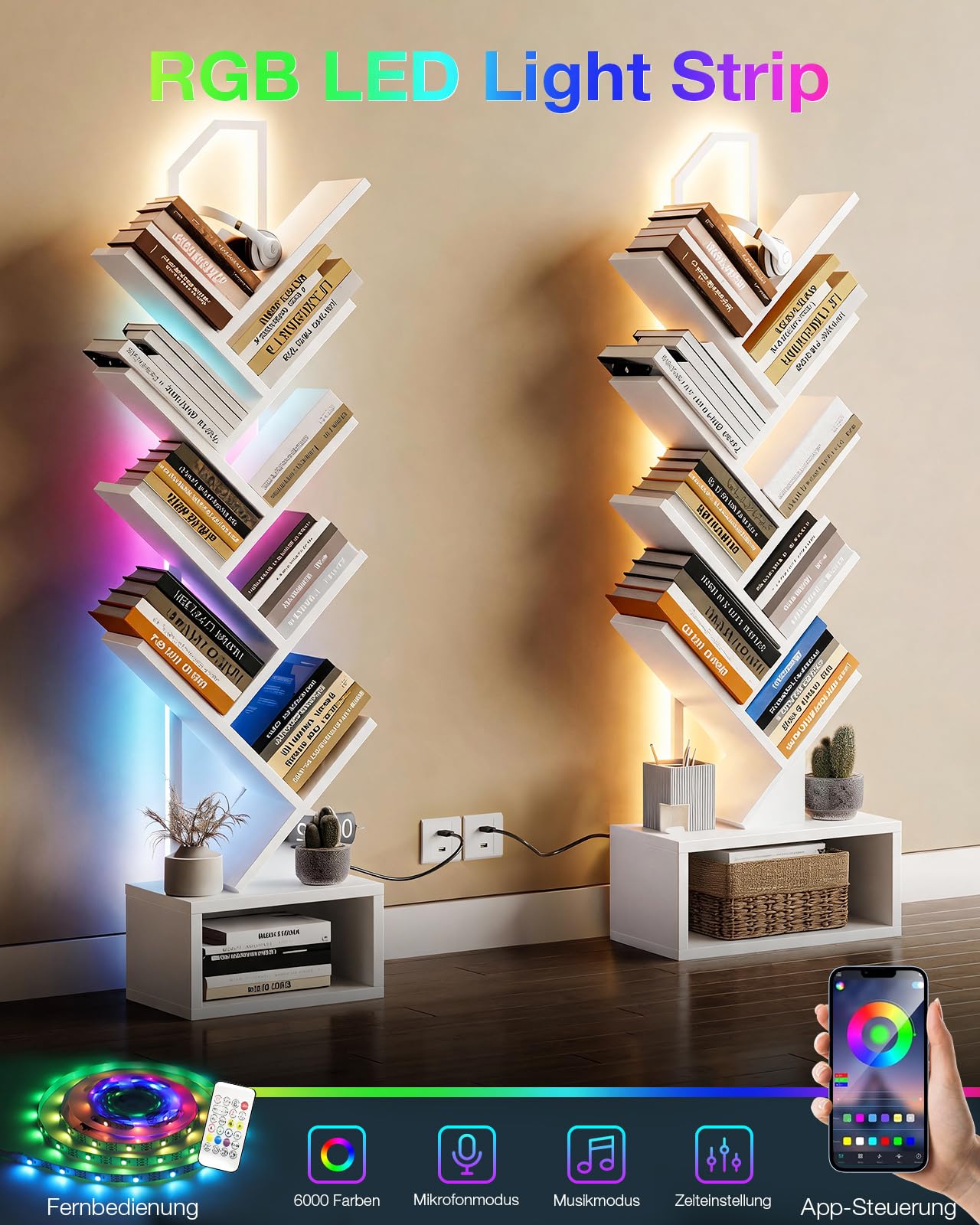 Coleshome Bücherregal im Baumform mit LED-Beleuchtung, Standregal mit 8 Ebenen, Holz Bücherregal für Wohnzimmer & Schlafzimmer, Weiß