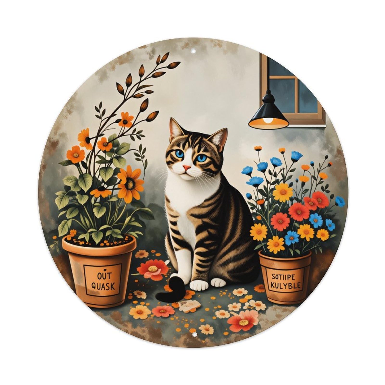 Cat Flower Pots Window Lamp Round Tin Sign Vintage Style Metal Sign Home Bar Garden Wall Plaque Decor Metal Poster 8x8 Inch