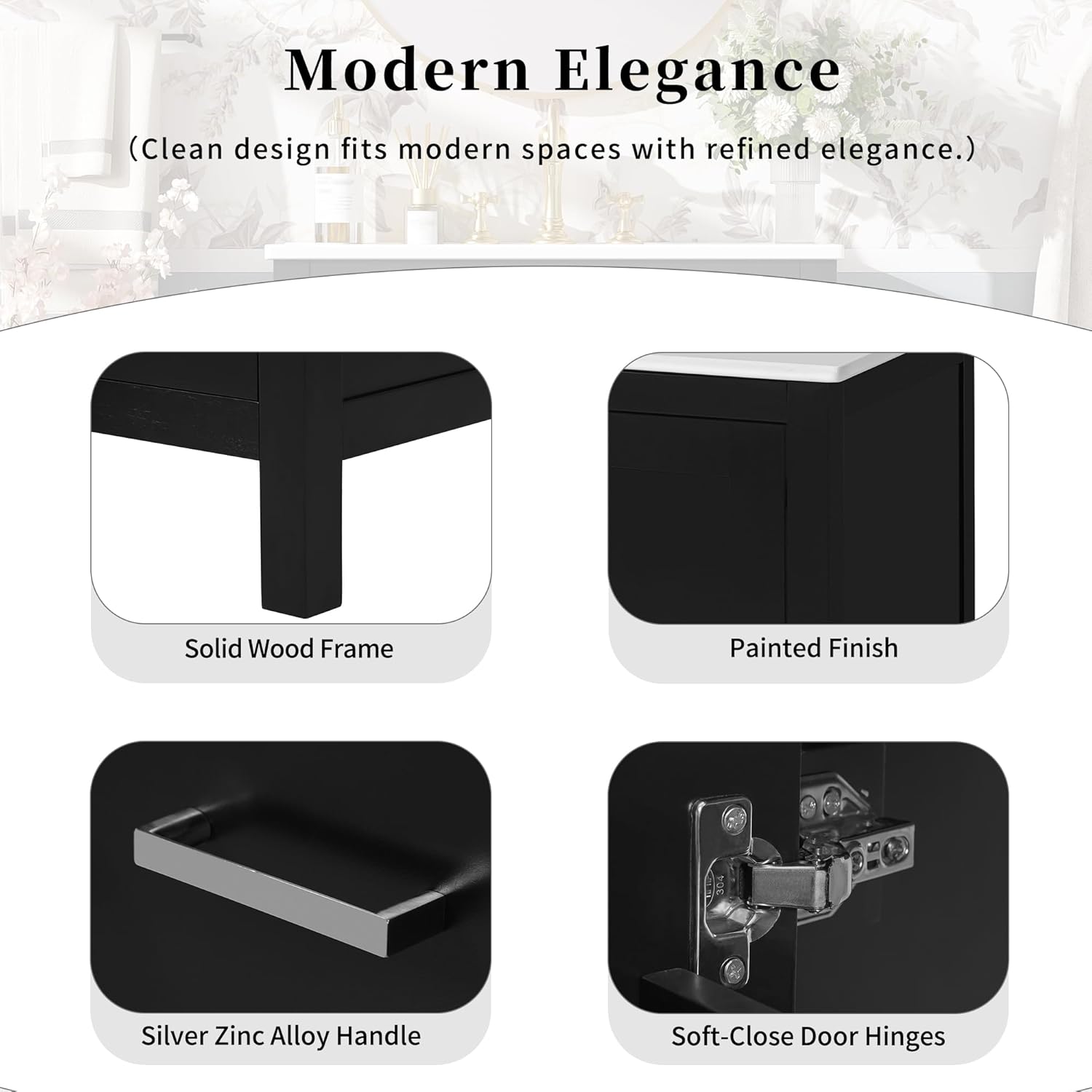 Details of the vanity's construction: solid wood frame, painted finish, silver zinc alloy handles, and soft-close door hinges.