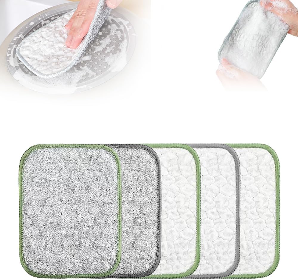 Multipurpose Wire Dishwashing Cloth, 2025 Upgraded Double-Sided Cleaning Cloth, Silver Stainless Steel Cloth and Multi-Layer Cotton Thread, Metal Scrubbing Pads Sponge Cloths for Home Kitchen (5)