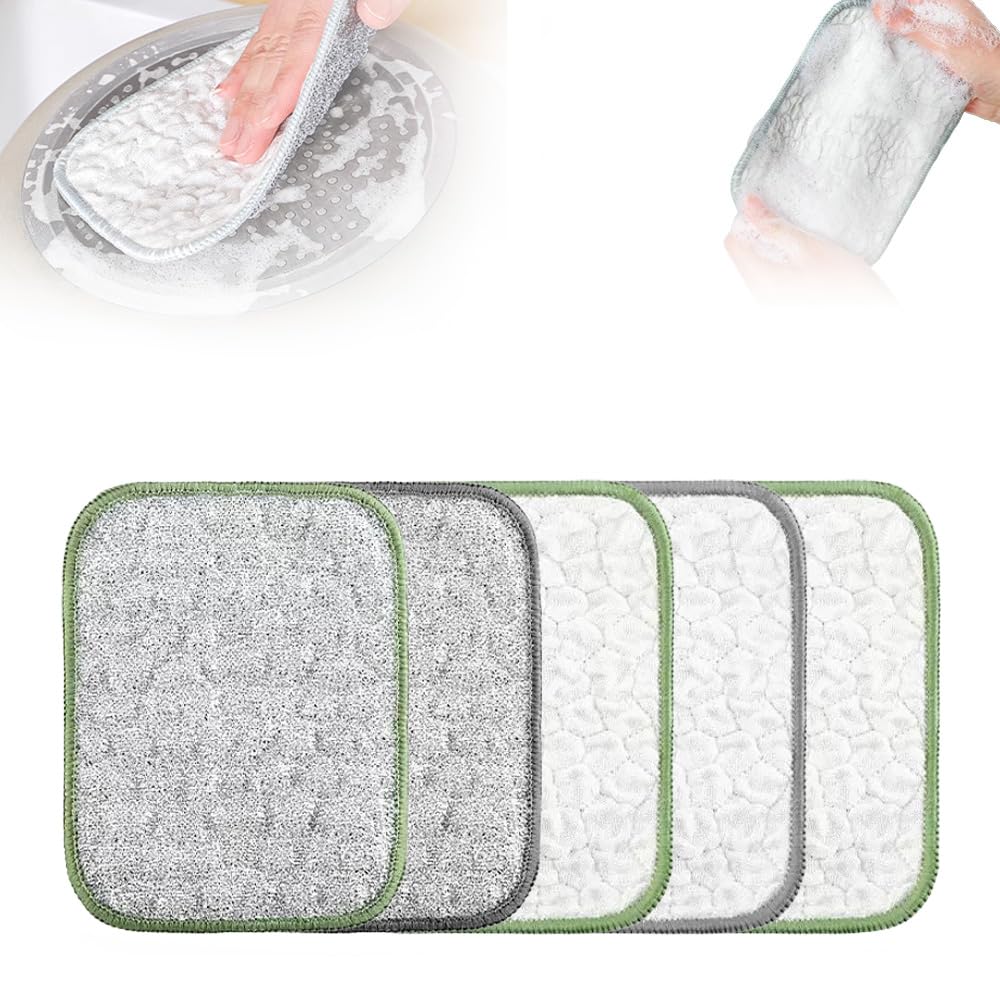 Multipurpose Wire Dishwashing Cloth, 2025 Upgraded Double-Sided Cleaning Cloth, Silver Stainless Steel Cloth and Multi-Layer Cotton Thread, Metal Scrubbing Pads Sponge Cloths for Home Kitchen (5)