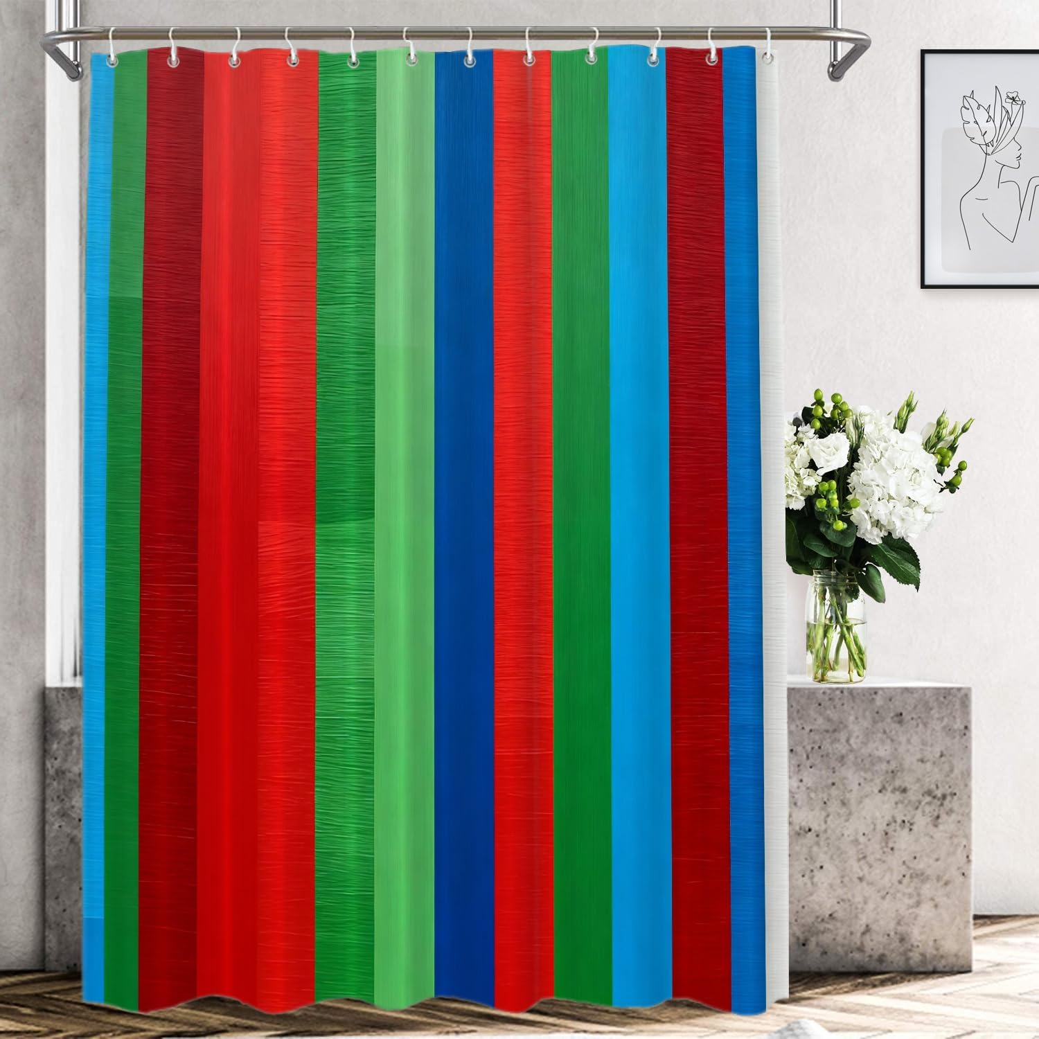 Shrahala Red Retro Striped Decorative Shower Curtain, Blue Aztec Rainbow Bathroom Décor Polyester Fiber Waterproof with Plastic Rings for Shower Stall Bathtubs 72 x 72 in