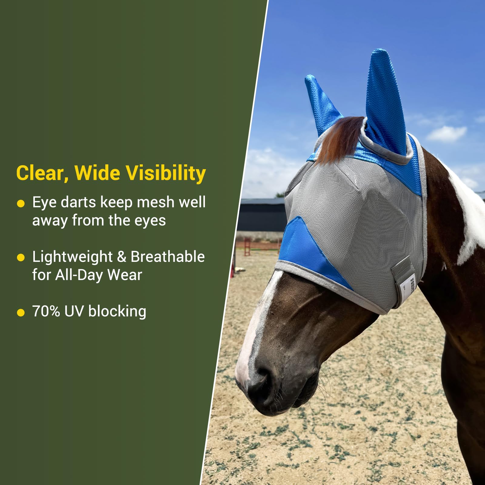 Máscara de mosca de caballo, máscaras ajustables para caballos con orejas, transpirable y protección UV, malla cómoda sin cubierta de nariz, accesorios para caballos (gris, azul, grande)