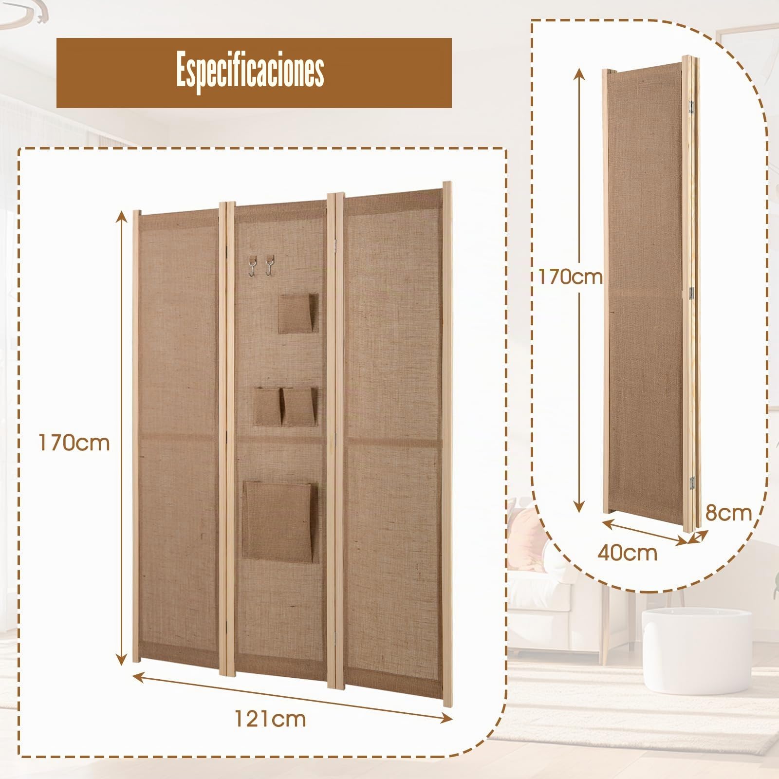 GIANTEX Biombo Plegable de 3 Paneles de Lino Sintético con Ganchos y Bolsillos de Almacenamiento, Separador de Privacidad 121 x 170 cm, Divisor de Habitación para Dormitorio, Salón | Separador de ambientes con ganchos y alfombrilla antideslizante para sal