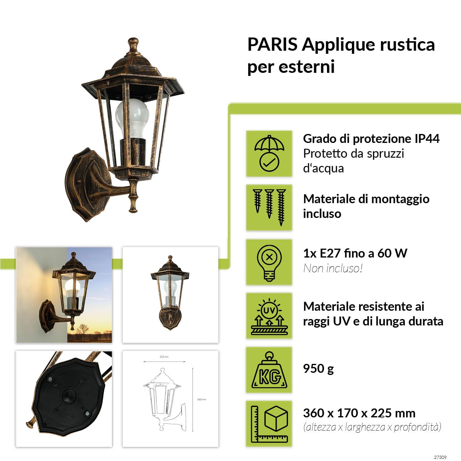 Licht-Erlebnisse Lampada da parete con braccio Paris stile retrò rame antico IP44 impermeabile in alluminio Applique per giardino cortile balcone viale di ingresso
