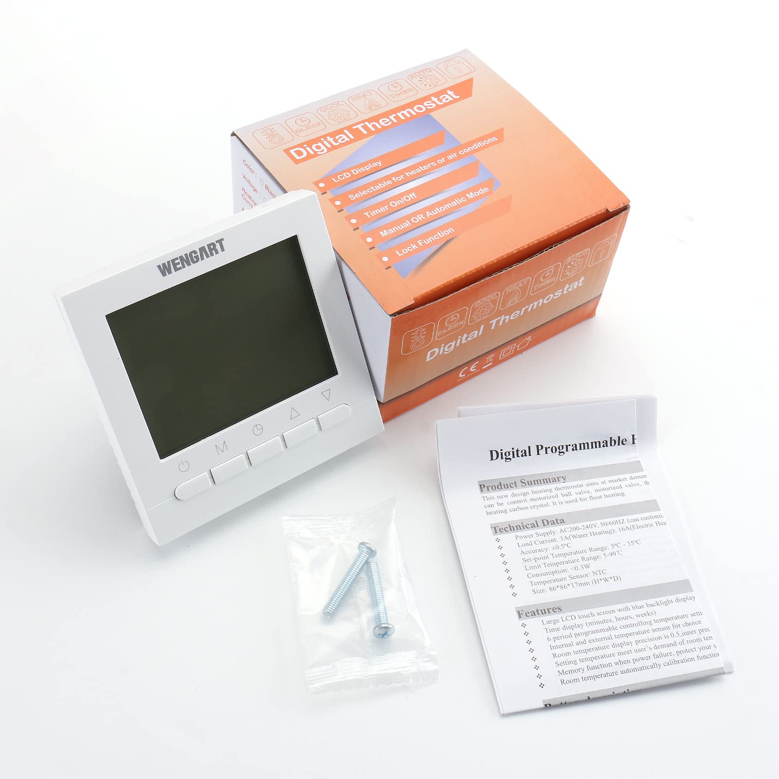 Wengart Thermostat Programmable WG02B04 - Spécifique Chauffage au Sol Hydraulique (3A) - Grand Écran avec Touches Physiques - AC 230V - Compatible Boîtier Rond Standard 60mm - Blanc