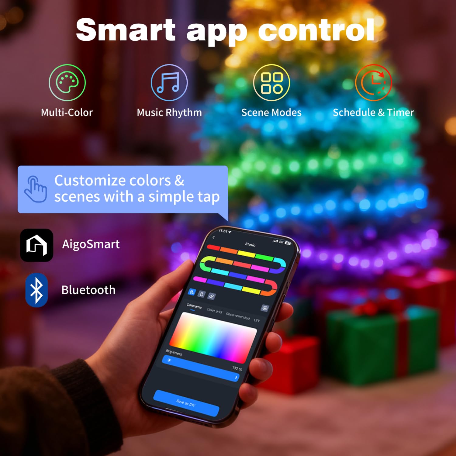 Aigostar RGBIC Smart Lichterkette, 20M 200 LEDs Bluetooth Lichterkette, Musik-Sync, Individuelle Farbsteuerung, 39 Dynamische Effekte, 150+ Szenen, Wasserdicht IP44 für Innen- und Außenbereich 2Pack