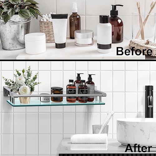 Miniatura 9 de SFGSOWOR Paquete de 2 estantes de vidrio para baño de 21 pulgadas, soportes rectangulares de acero inoxidable, vidrio templado, accesorios de