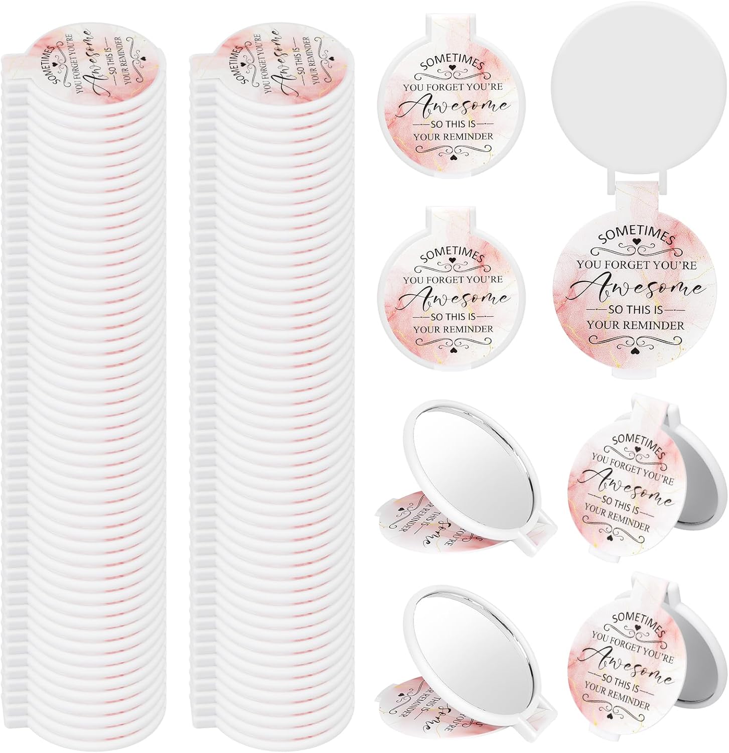 100 Pcs Inspirational Compact Mirror Bulk, Pink Marble Small Pocket Mirror Purse, Round Makeup Folding Hand Mirrors, Graduation Party Favors for Women, Coworker, Employee, Teacher and Bridal Wedding