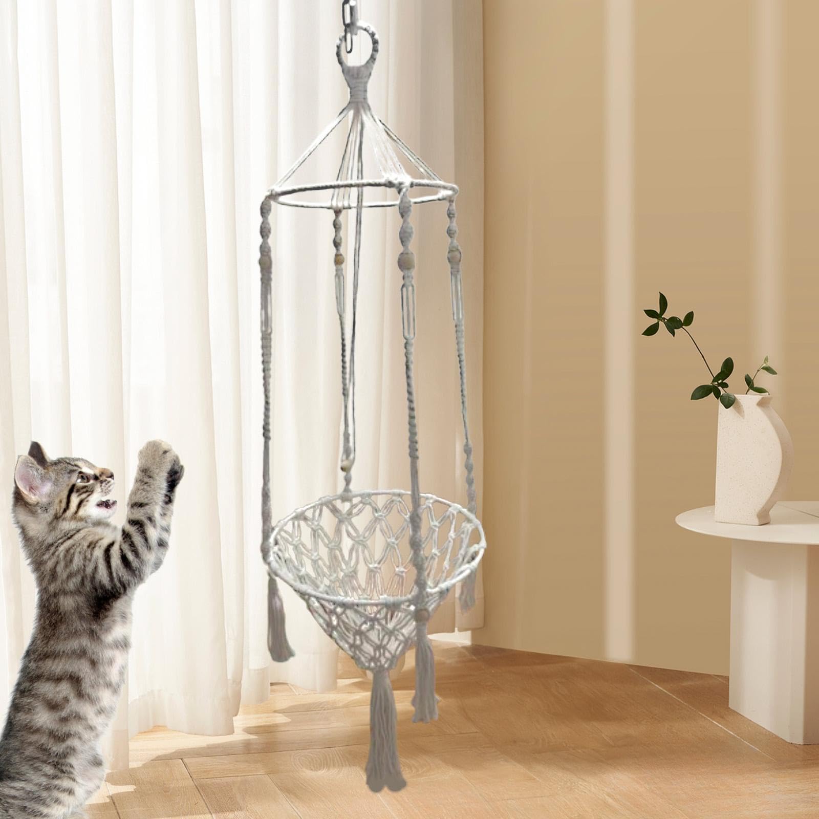 LOVIVER Hamac en macramé tissé à la Main pour Chat, hamac Suspendu pour Chat, Fournitures pour Animaux de Compagnie, hamac pour Cage intérieure et extérieure, Diamètre 40cm
