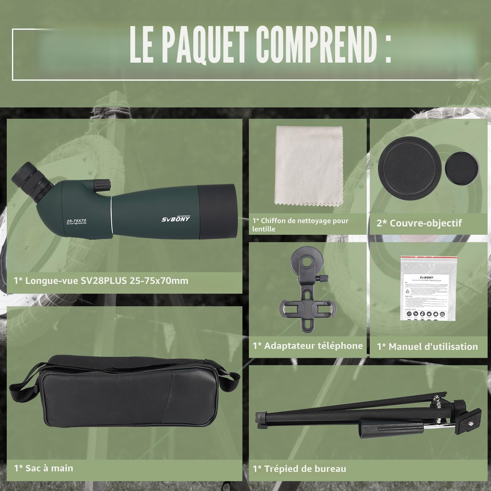Svbony SV28PLUS 25-75x70mm BAK4 FMC Longue-Vue pour Tir à La Cible avec Adaptateur Téléphone Trépied