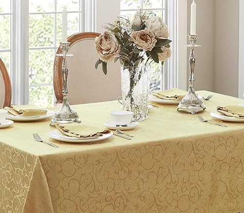 Vista 34 de Newbridge Mantel de tela de damasco festoneado Portofino de Navidad, 60 x 102 pulgadas, rectangular, marfil, resistente a las arrugas y a