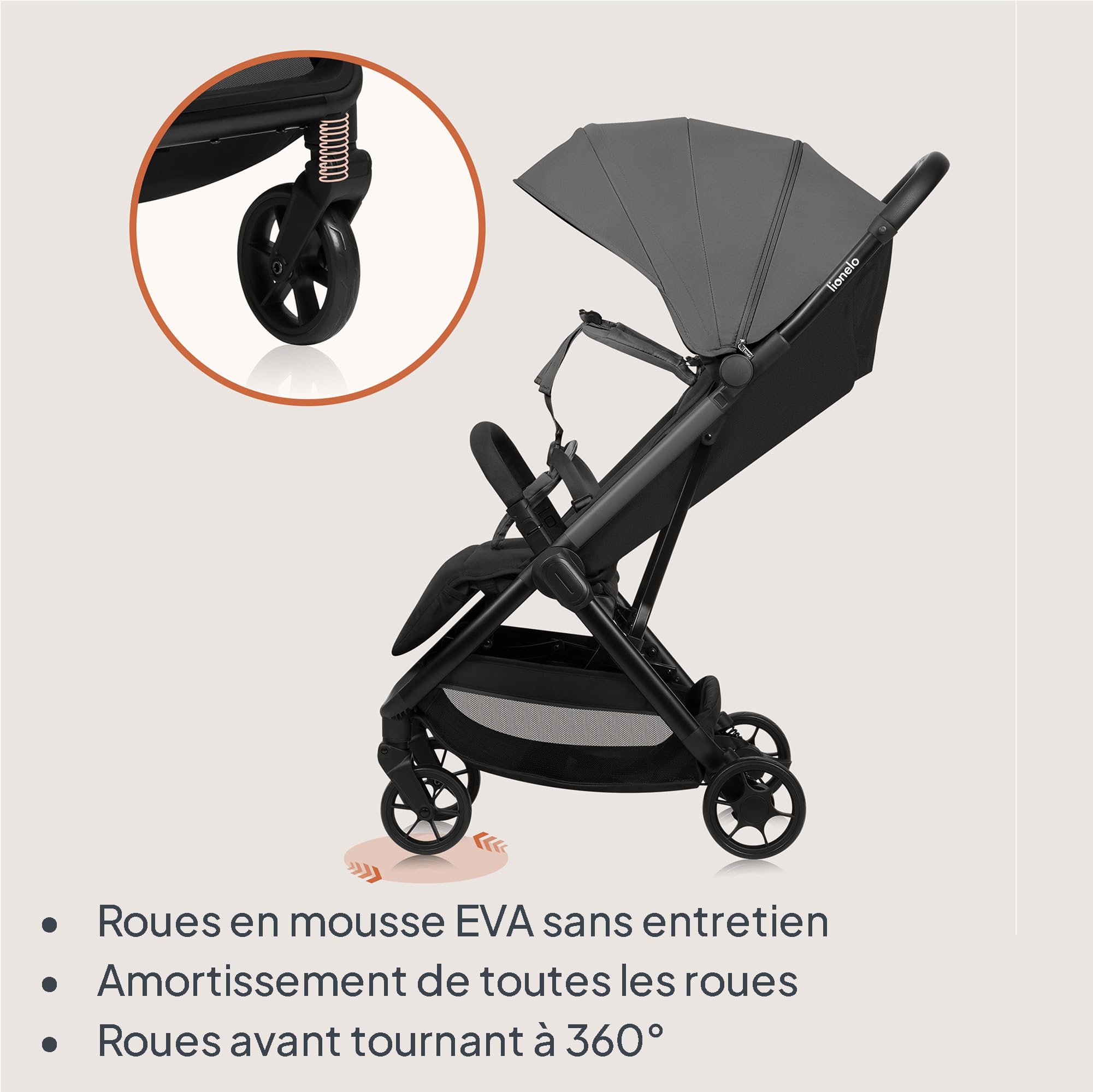 LIONELO Julie Air Poussette Canne jusqu'à 22 kg de 6 m à 4 ans Pour Avion Roues pivotantes à 360 ° Suspension Pliage avec Une Main Réglage du Dossier Canopy UPF50+, Légère (Grey)