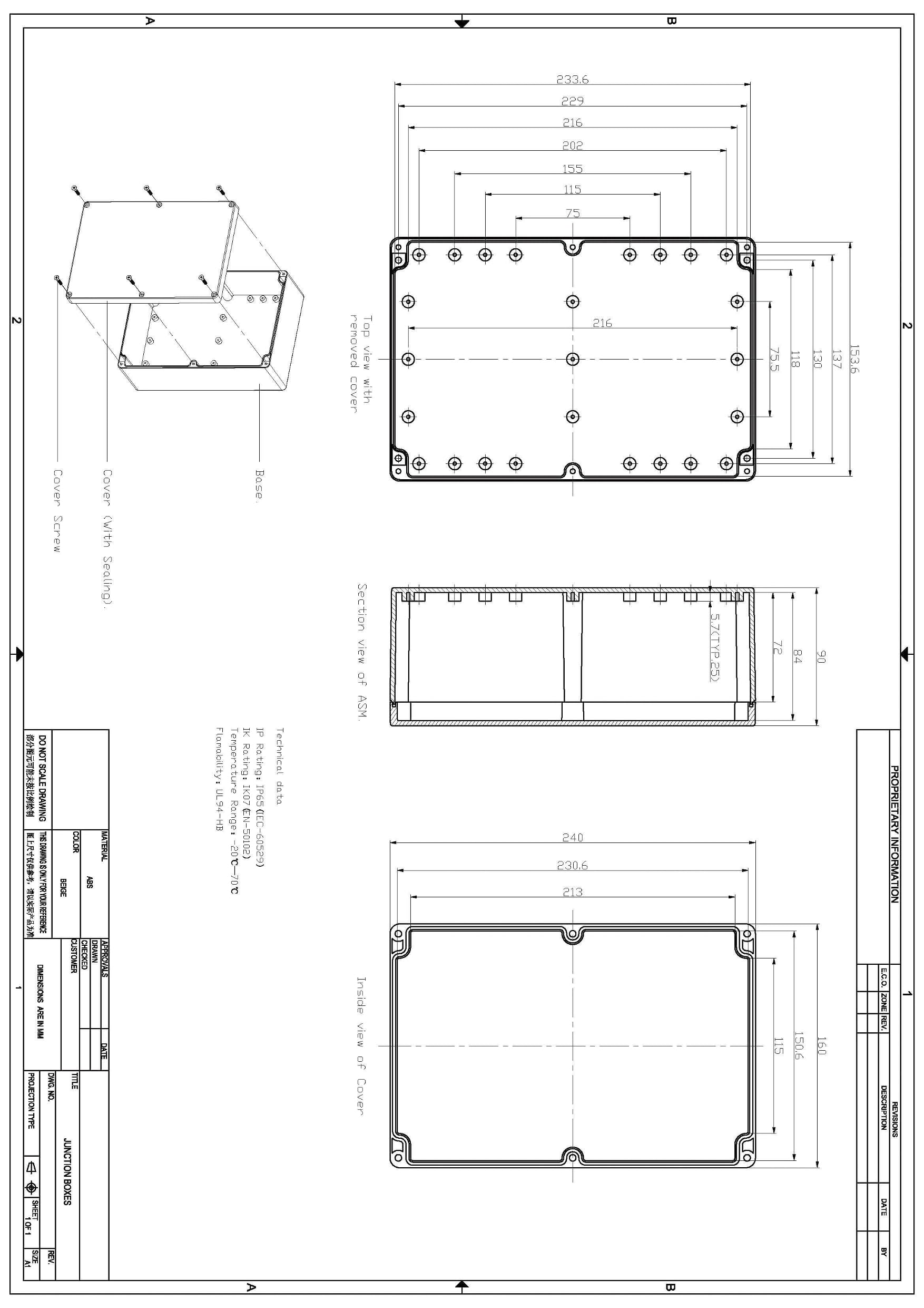 ABS Leergehäuse 240x160x90mm Industriegehäuse IP65 Kunststoff Gehäuse Box Kasten