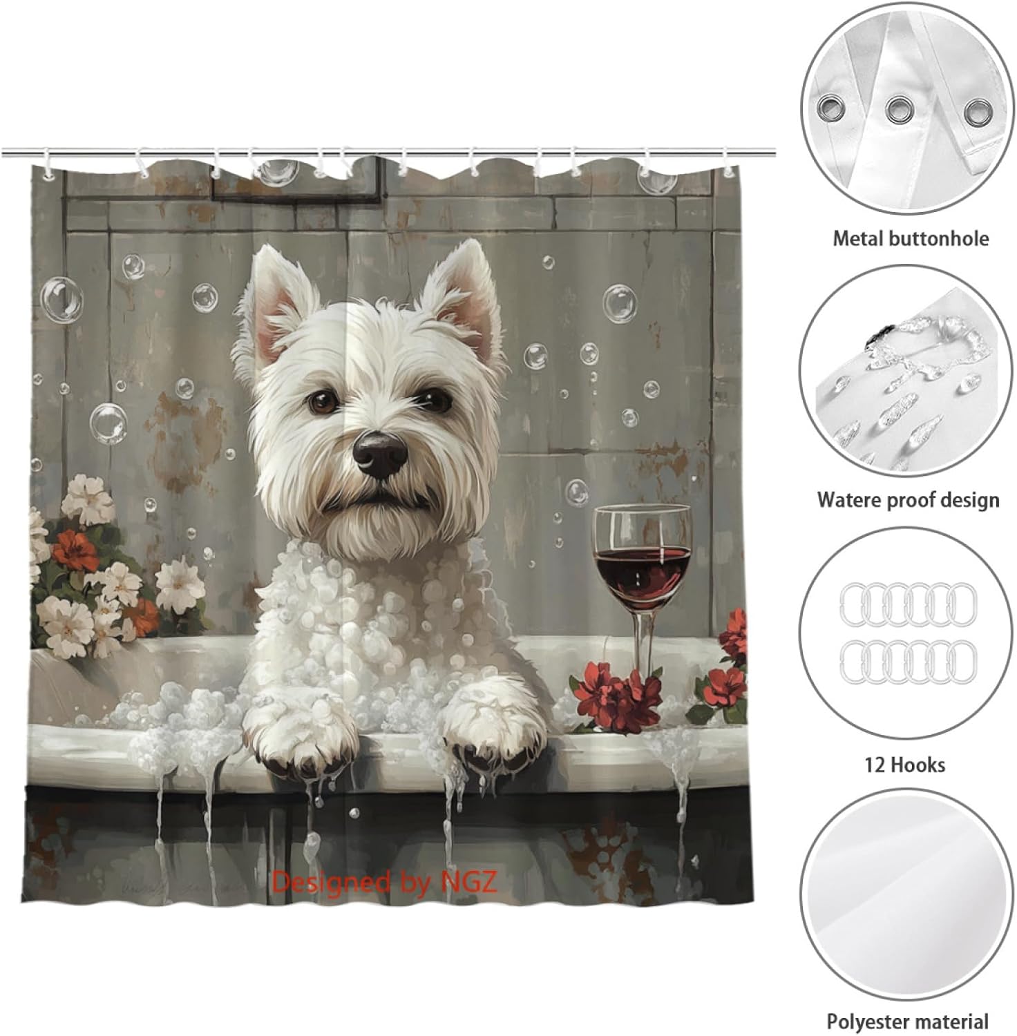 NGZ Funny White Terrier Shower Curtain, SPA White Terrier with Wine, Grey Shower Curtain, 72x72 Inches Floral Shower Curtains for Bathroom, Bath Curtains Set with 12 Hooks