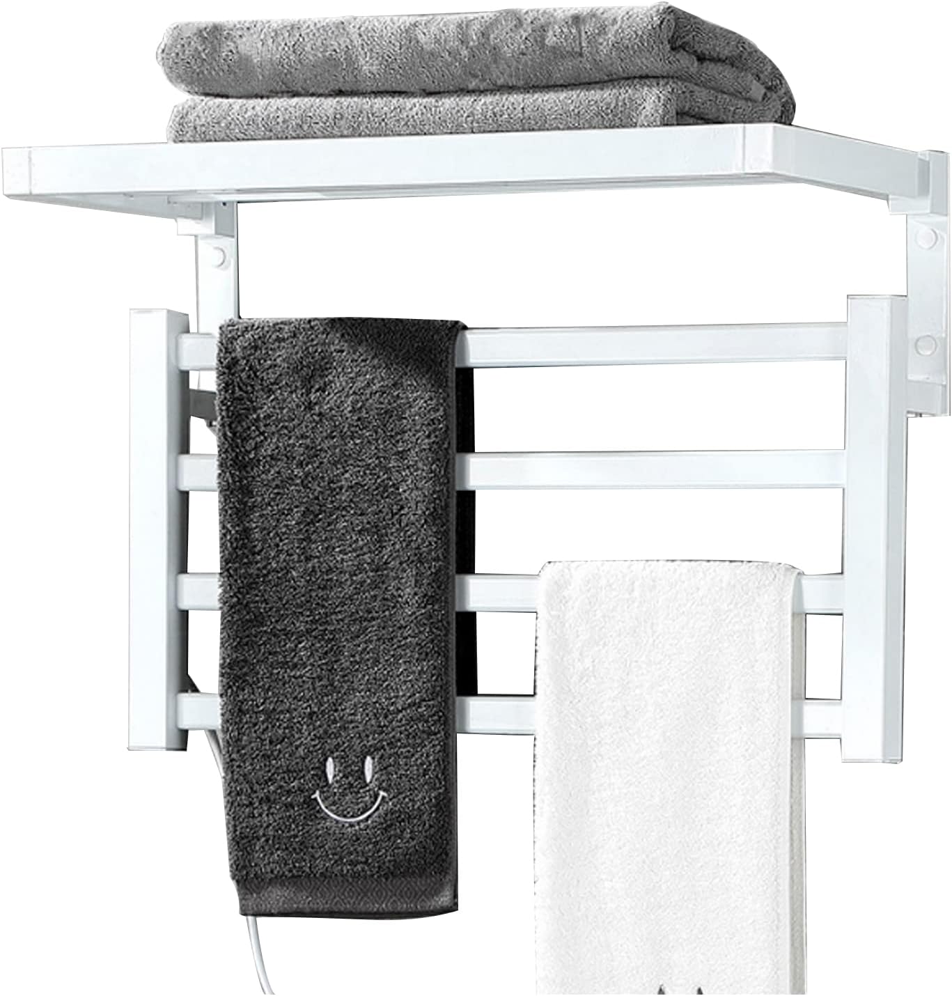 Towel Heater Electric Wall Mounted Heat 4 Bar Towel Warmer with Top Shelficient 55w Electric Heated Towel Rack Steel Rail (White Left)