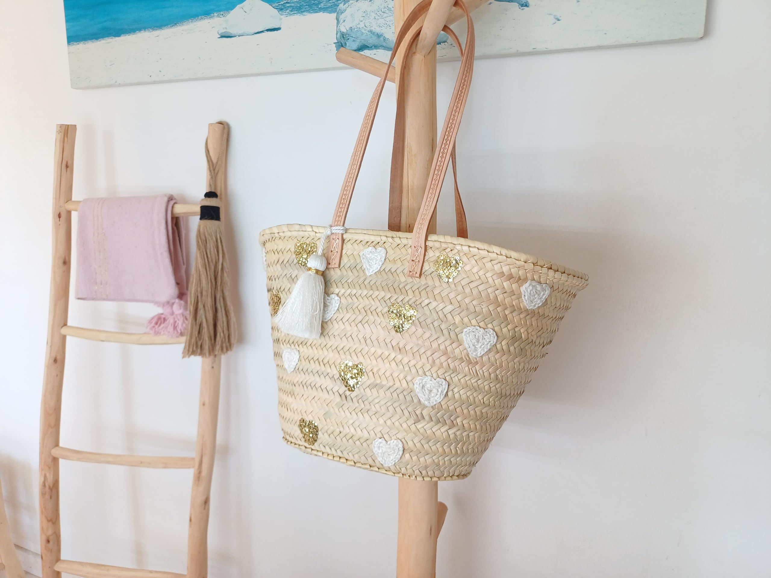 Capazo de playa paja, Bolso de mujer de palma con Corazones, doble Asas de Cuero, Pompón Decorativo, Aprox.: 45x28x18 cm, Natural