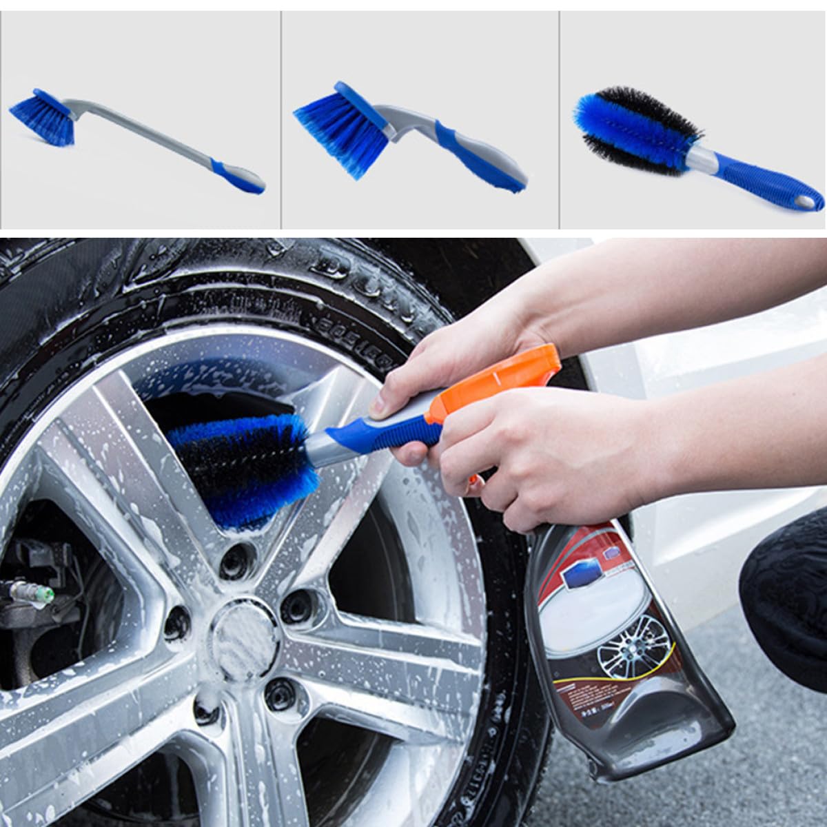 Alipis 3 Stück Felgenreinigungsbürsten mit PVC und Pp Borsten, Blau | 1 Kurzer Felgenreiniger, 1 Kurzer Reifenreiniger, 1 Langer Reifenbürste, Flexibles Bürstenset für Haus und Werkstatt