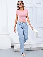 Vista 4 de Abardsion Camisetas básicas ajustadas para mujer, estilo casual, manga corta, cuello en V, camisetas de verano