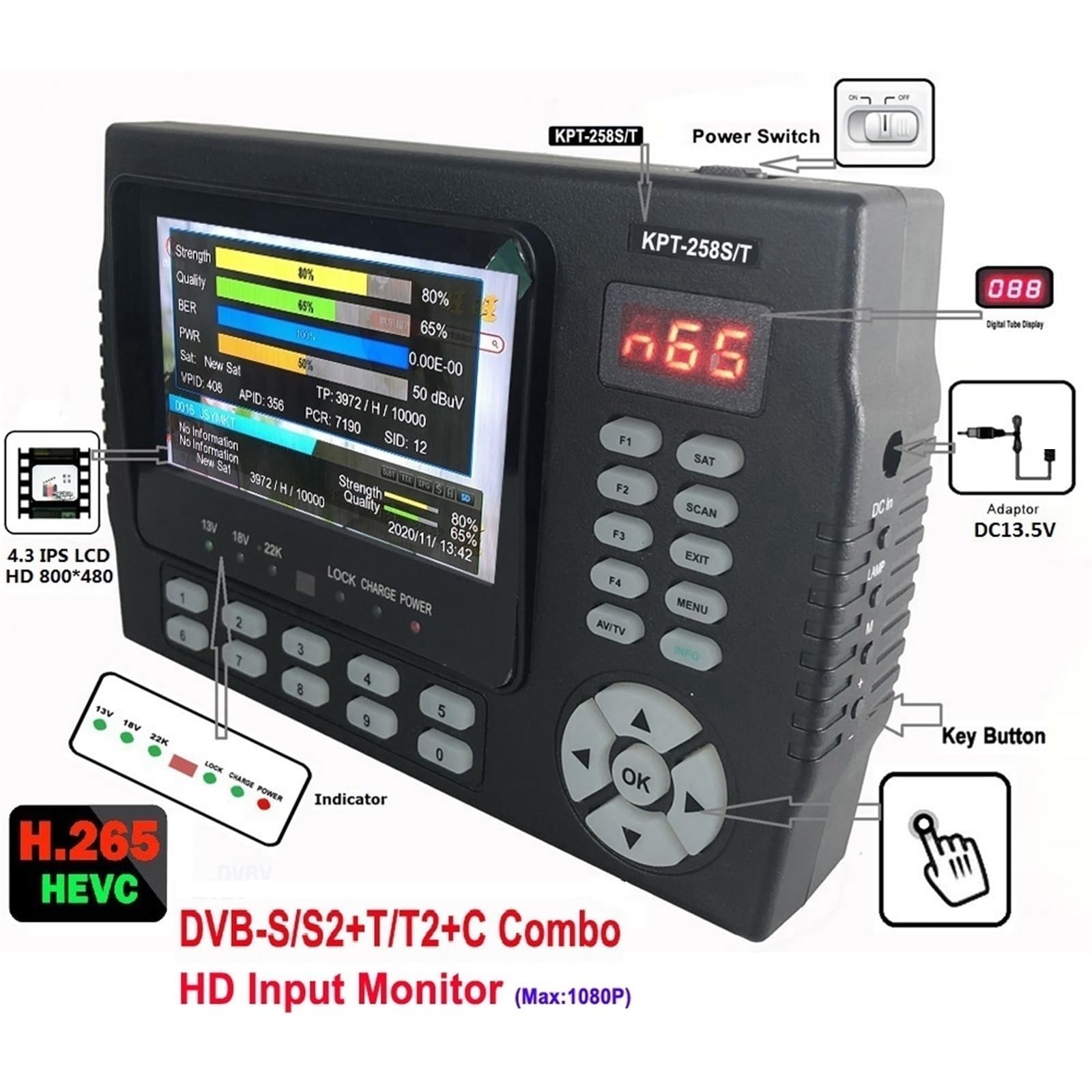 Detector de satélites DVB-S2 DVB-T/T2 DVB-C Combo Medidor De Satélite Digital Buscador De Señal H.265 Buscador De Satélite Decodificador
