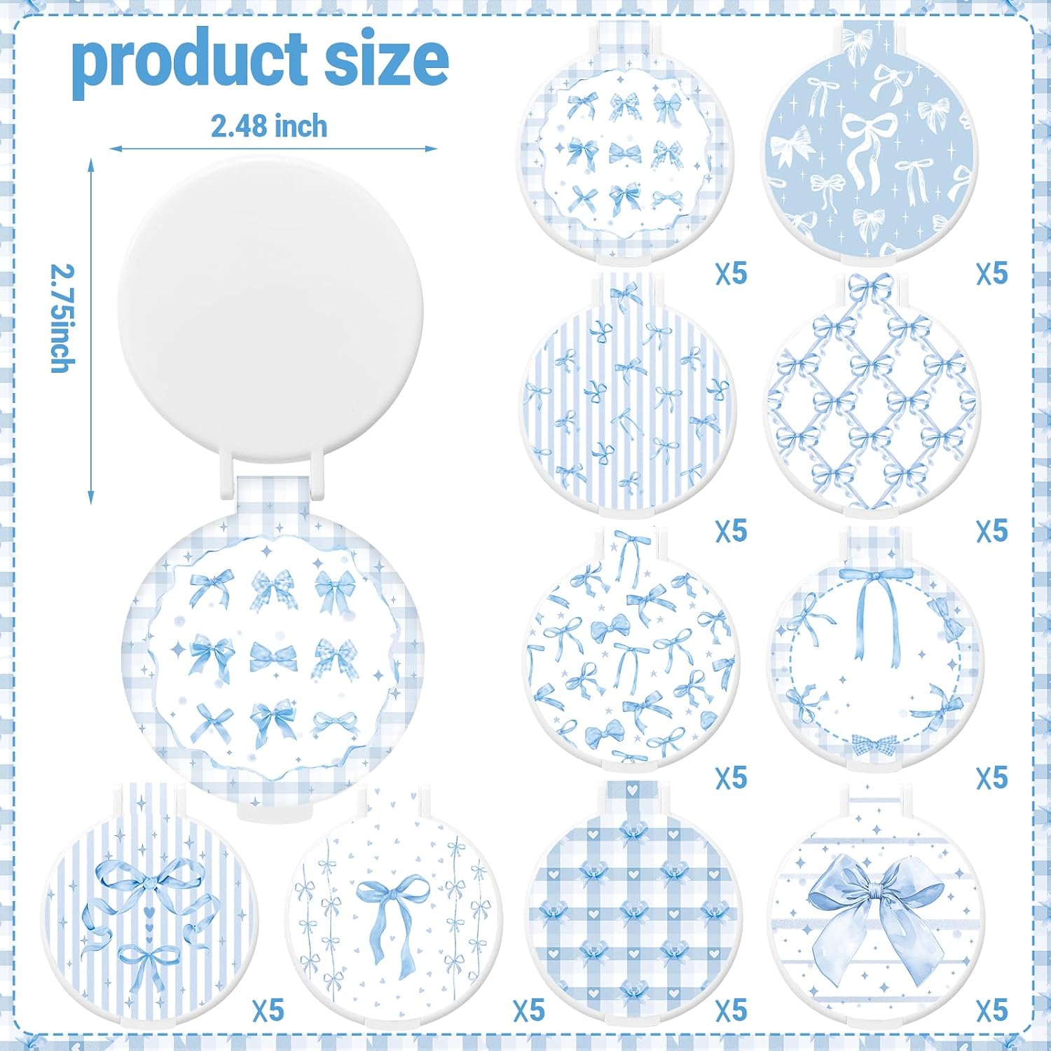 50 Pcs Blue Bow Compact Mirror Bulk Small Pocket Purse Round Mirror Portable Folding Makeup Blue Bow Mirrors Gifts for Women Coworker Employee Teacher
