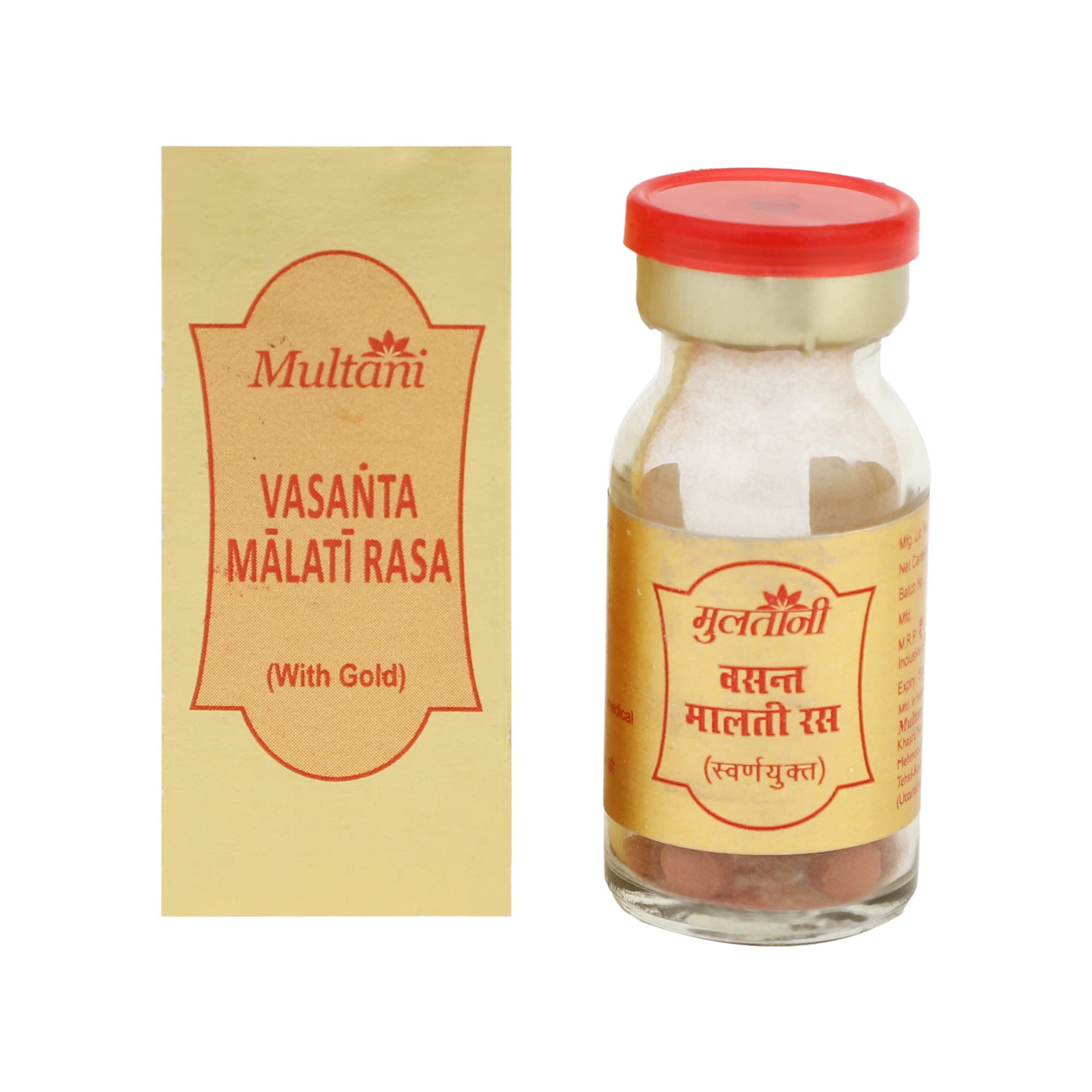 Multani Vasant Malti Ras with 24 Carat Gold & Pearl | Ayurvedic Herbal Tablet for Reducing Cough and Cold | Blend of Natural Herbs and Minerals | 10 Tablets