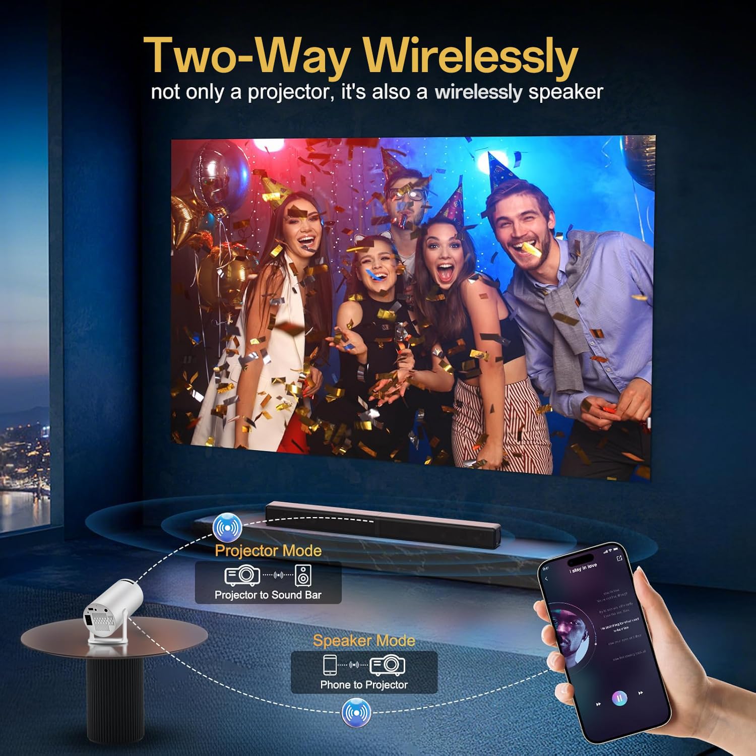 Proiettore Smart Appartamento, Nativo 1080P Supporto 4K, Android 11, WiFi 6 + Bluetooth 5.4, Rotazione di 180°, Compatibile con iOSAndroidTV