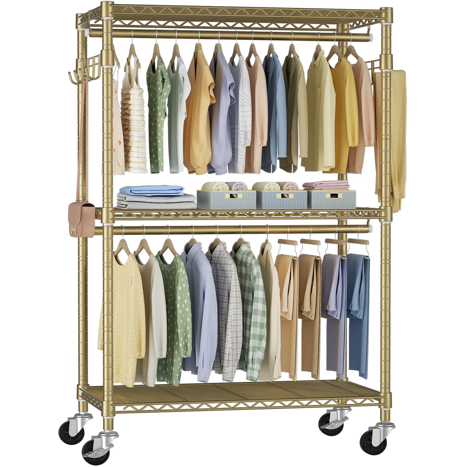 FUTASSI P1 Rolling Clothes Rack Movable Metal Garment Closet Organizer with Lockable Wheels Clothing Wardrobe with Double Hanger