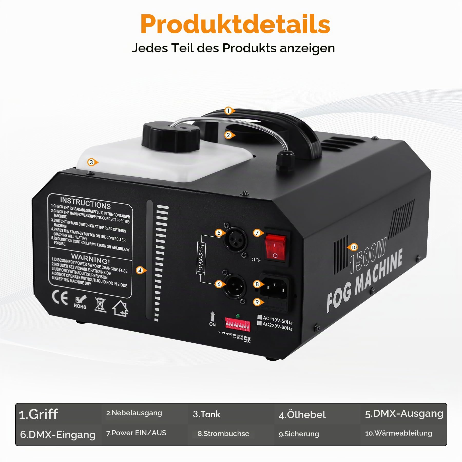 1500W Nebelmaschine mit DMX Funktion, Tragbare Effektmaschine ideal für DJ Auftritte, Disco, Party, Halloween, Hochzeiten, Weihnachten und weitere Veranstaltungen - 2 Stück