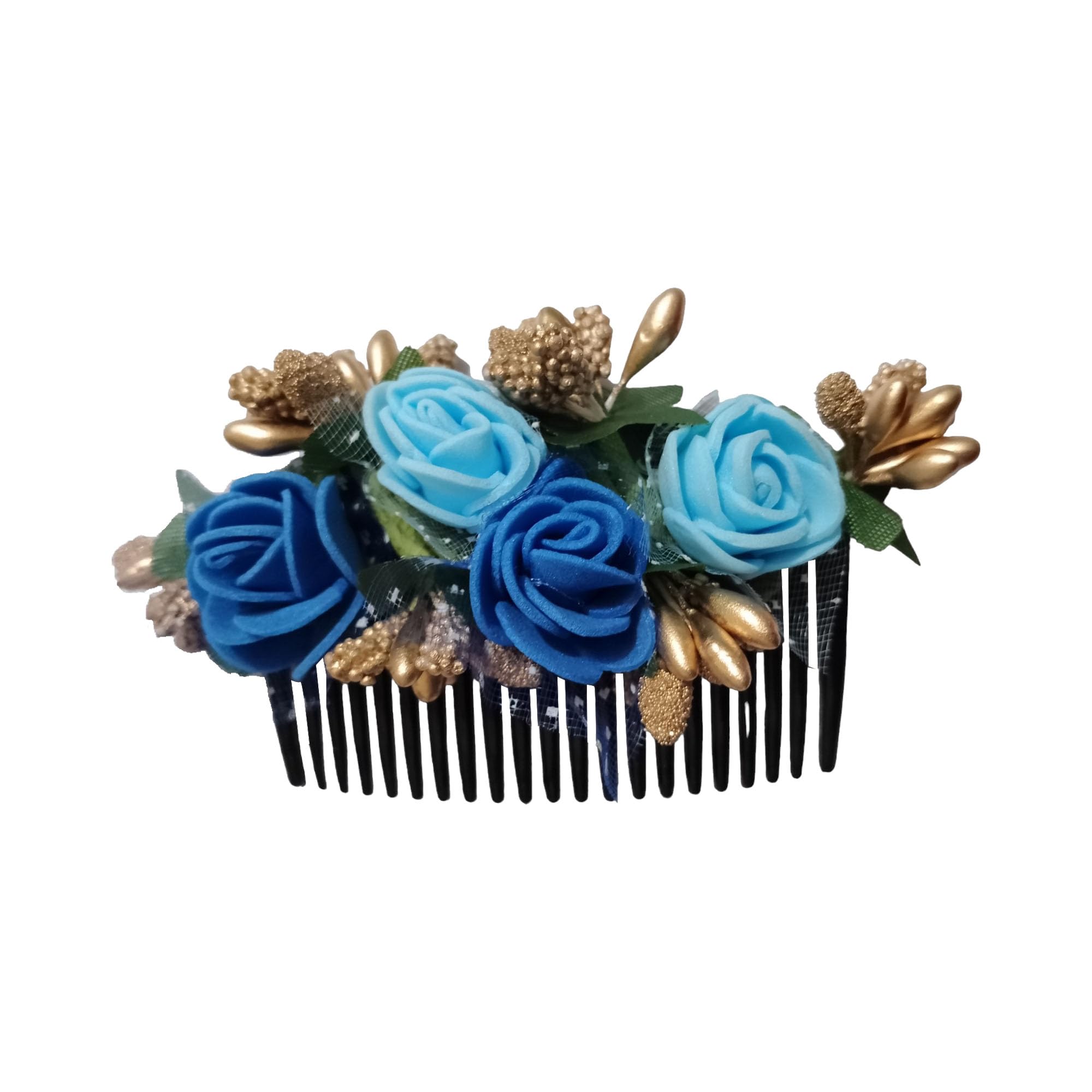 Floral Hair Comb - Flower Hair Comb Pin, Artificial DARK & LIGHT BLUE, Wood Material, Women & Girls Hair Accessory, 1 Pc-image-11