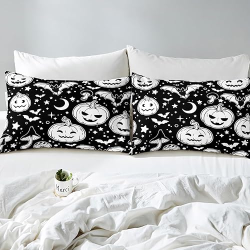 Miniatura 5 de Erosebridal Juego de funda de edredón de murciélagos de Halloween, diseño de hongos, calabaza, decoración de Halloween, luna, galaxia, estrellas,