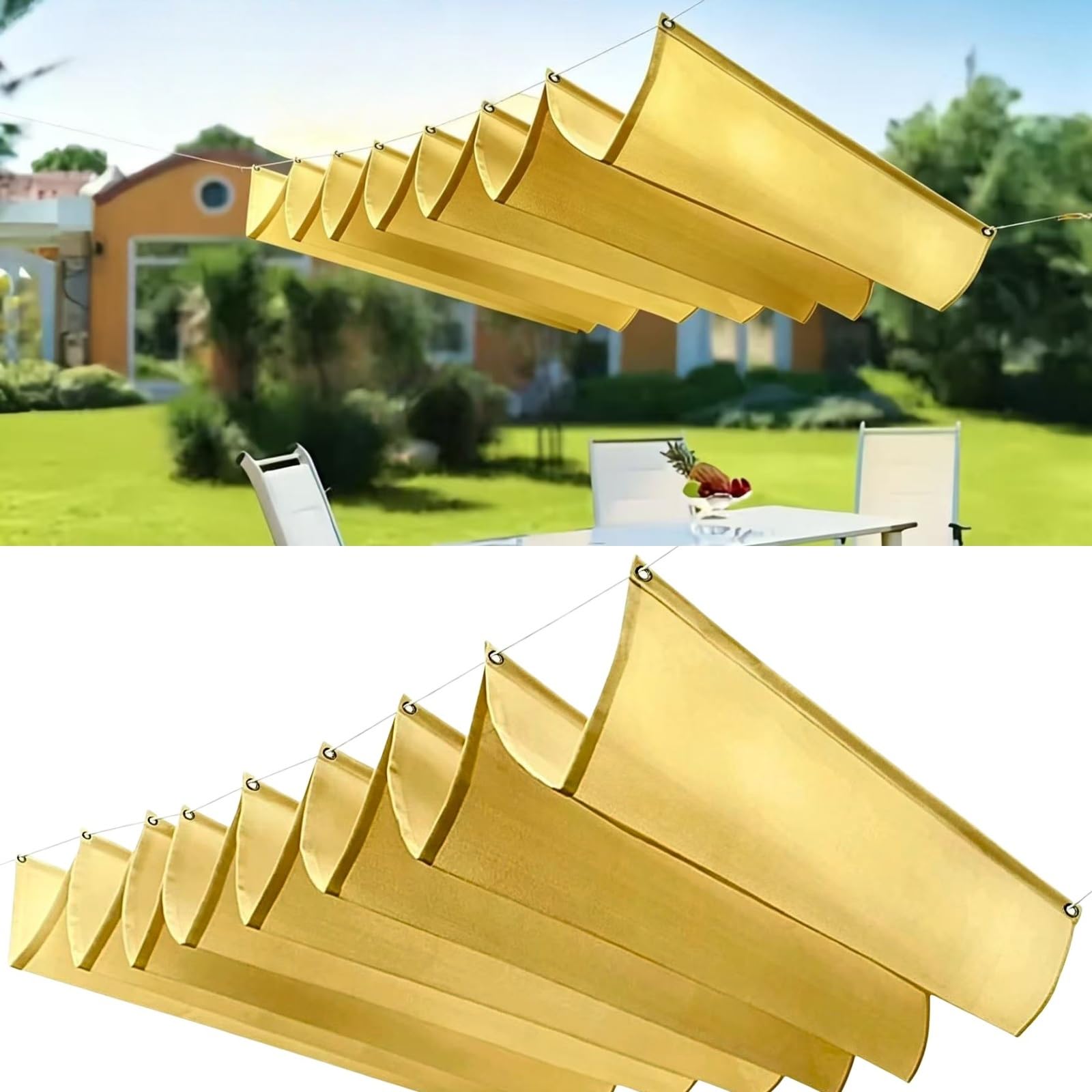 Pergola protégée du soleil avec cette bâche ombrage jaune