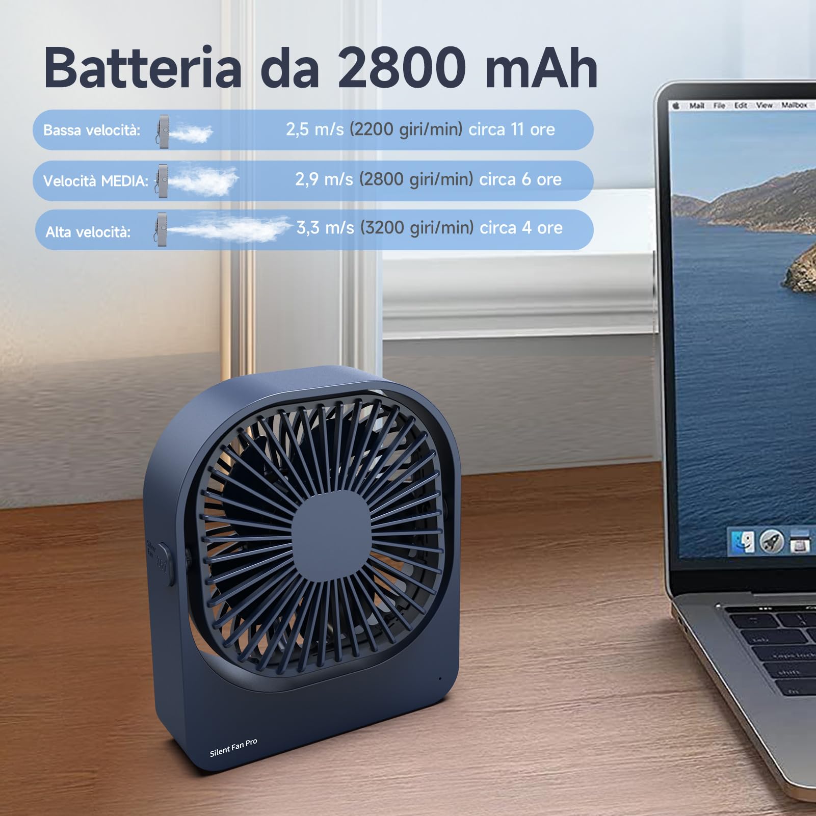 WOWDSGN Ventilatore da Tavolo a Batteria Ricaricabile - Ventilatore USB Piccole con Forte Flusso d'Aria - Mini Ventilatore Portatile - 3 Velocità - Ideale per Interno ed Esterno (Blu Scuro)