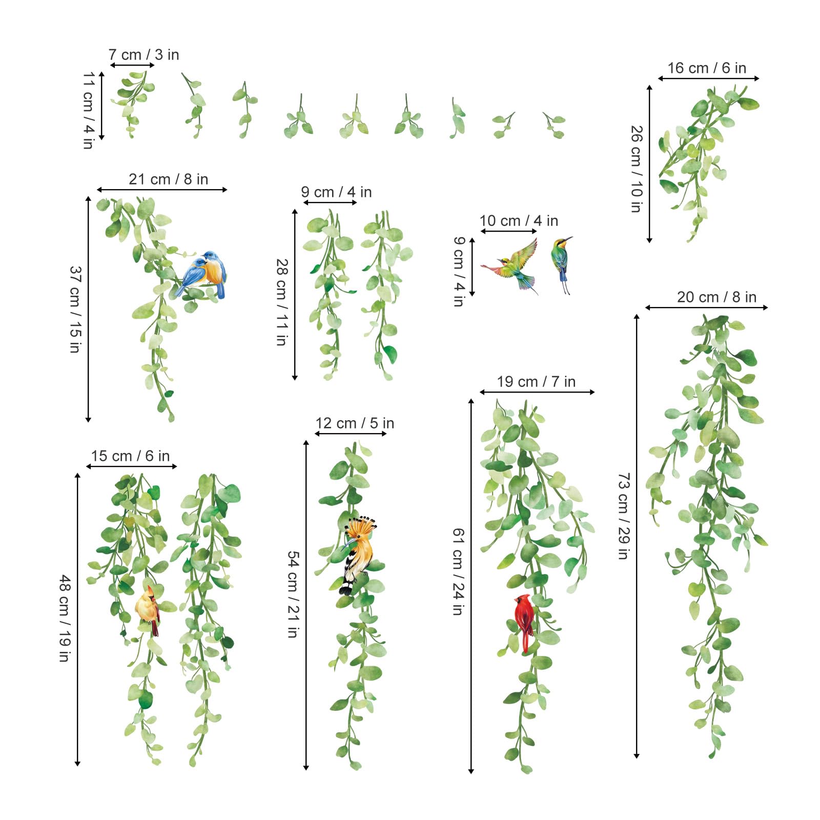 PinkEleph Hanging Vines Leaves Wall Stickers - Plants Green Leaves Birds Flower Wall