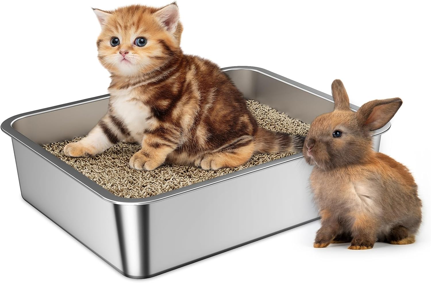 Stainless Steel Litter Box Small, 17.5" L x 13.6" W x 4" H Cat Litter Box Easy Entry, Metal Kitten Litter Box for Cat, Rabbit, Guinea Pigs and Hamsters (No Odor Left, Non-Sticky)