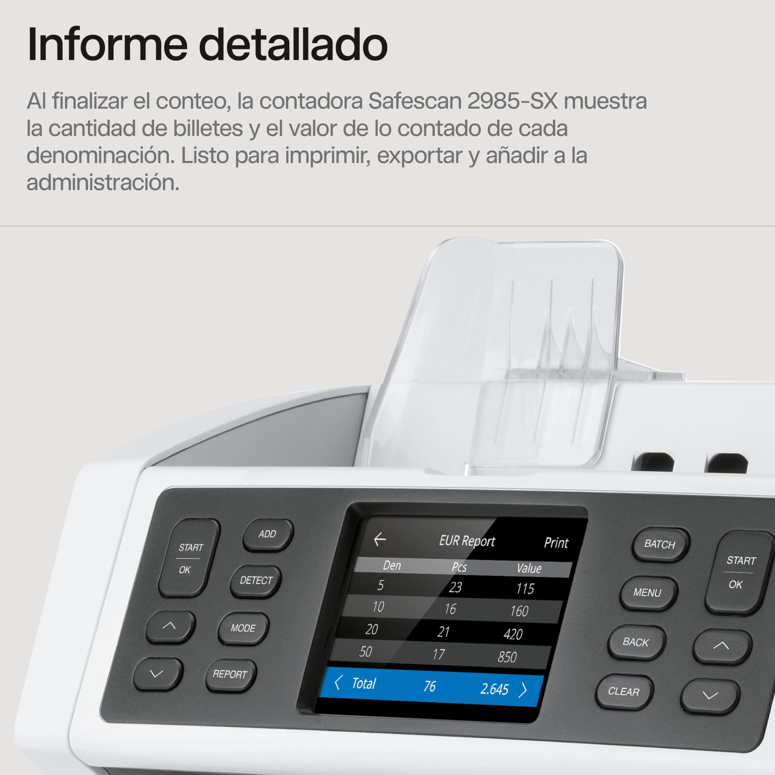 Safescan 2985-SX Contadora de billetes cuenta el valor y clasifica billetes mezclados - Contadora detectora de billetes falsos en 7 puntos - Máquina para contar billetes con opciones de clasificación