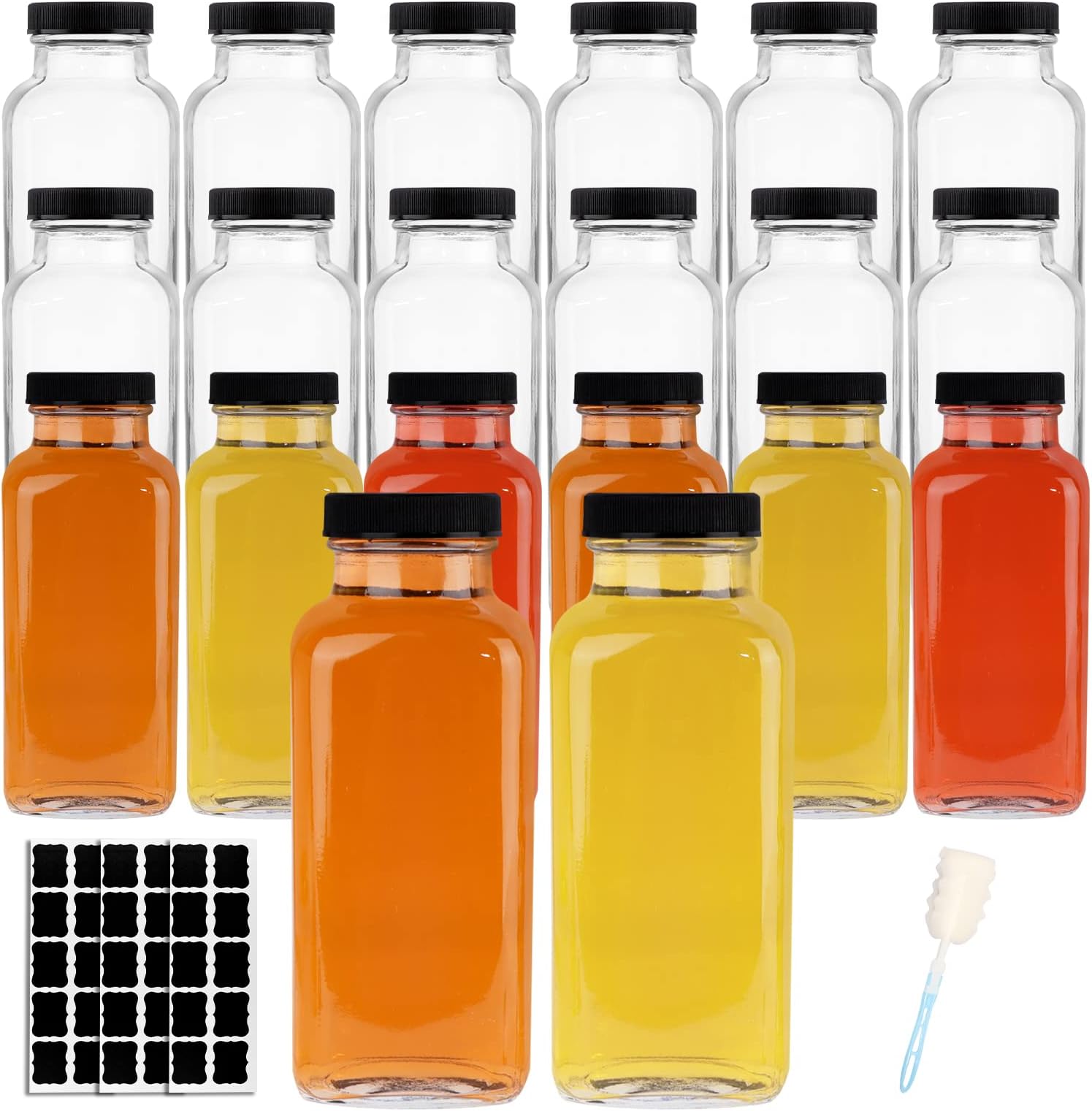HINGWAH 12 OZ Glass Drink Bottles, Set of 20 Vintage Glass Water Bottles with Lids, Great for storing Juices, Milk, Beverages, Kombucha and More (Labels and Sponge Brush Included)