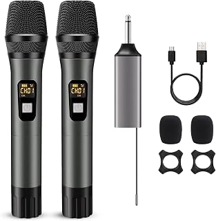 Wireless Microphone, UHF Handheld Cordless Dynamic Mic, 200ft Auto Connect | 2 Dual Metal Mic System Set with Rechargeable Receiver, for Karaoke Singing Speech Party Wedding Church Home KTV