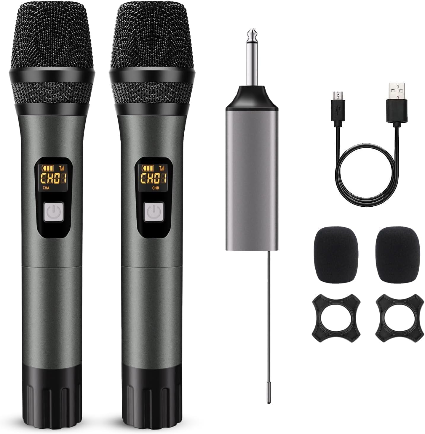DigitConvert Mikrofon Kabellos, UHF Metall Kabelloses Dual-Handmikrofon, 1/4" Ausgang fur Verstärker, 200 Fuß Empfangsreichweite, für Karaoke, Gesang, Hochzeit, DJ, Party, Rede, PA