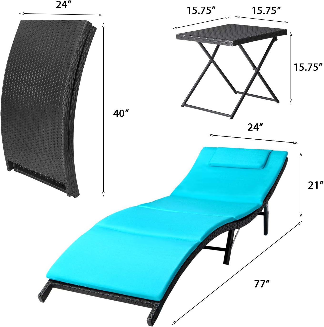 VICTONE 3 Pieces Patio Chaise Lounge Chairs Sets Outdoor Poolside PE Rattan Reclining Chair with Cushion and Folding Table (Blue) : Patio, Lawn & Garden