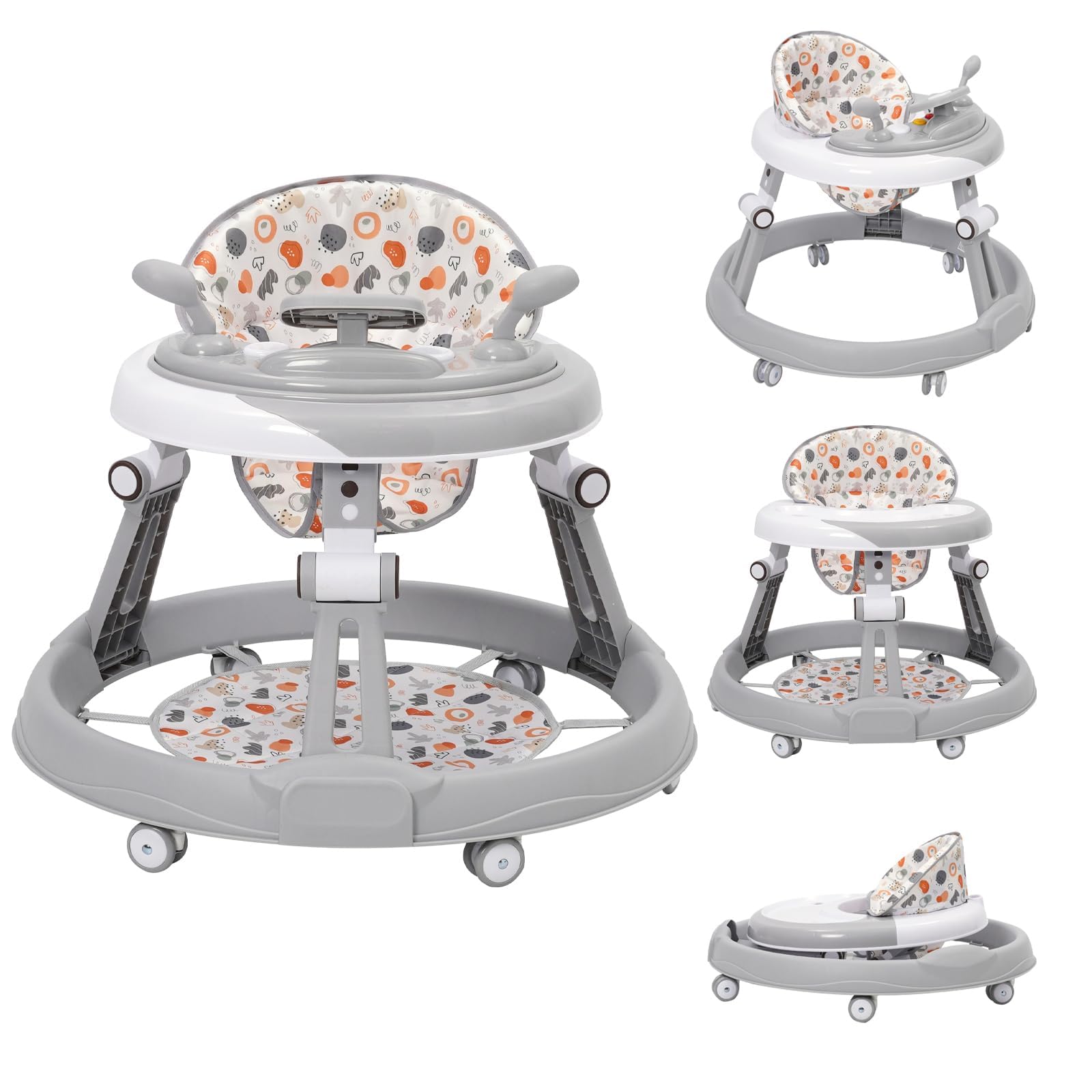 Lauflernwagen mit Lenkrad Spielset,Bodenmatte,Anti-Roll 6-Rad-Rundfahrwerk,Faltbar und 3 Höhenverstellbar,Sitz 4-fach Verstellbar,Abnehmbares Tablett Baby Walker für 0+