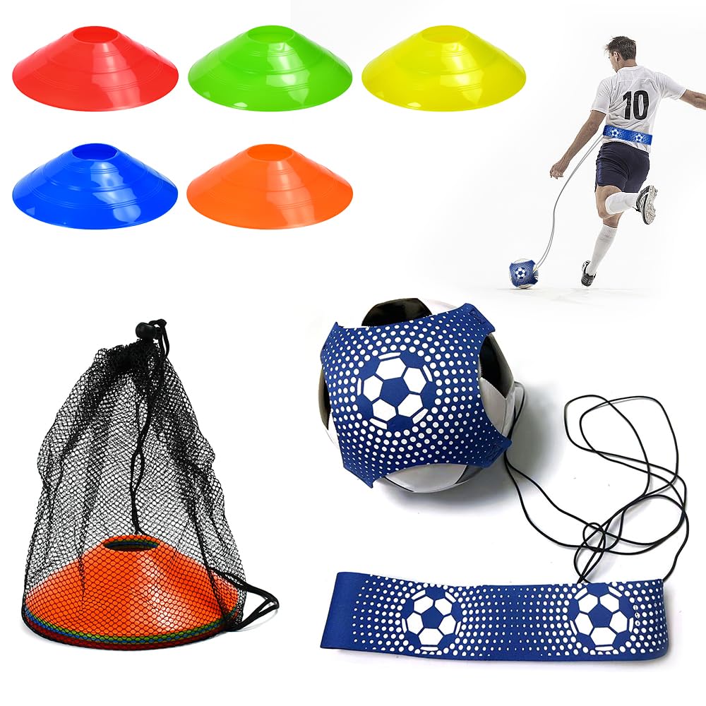 Cintura da Allenamento da Calcio con 10 Pz Coni da Allenamento,Set di Attrezzatura da Allenamenti da Calcio con Tasca a Rete per Bambini e Adulti, Pratica Efficace di Tiro e Passaggio