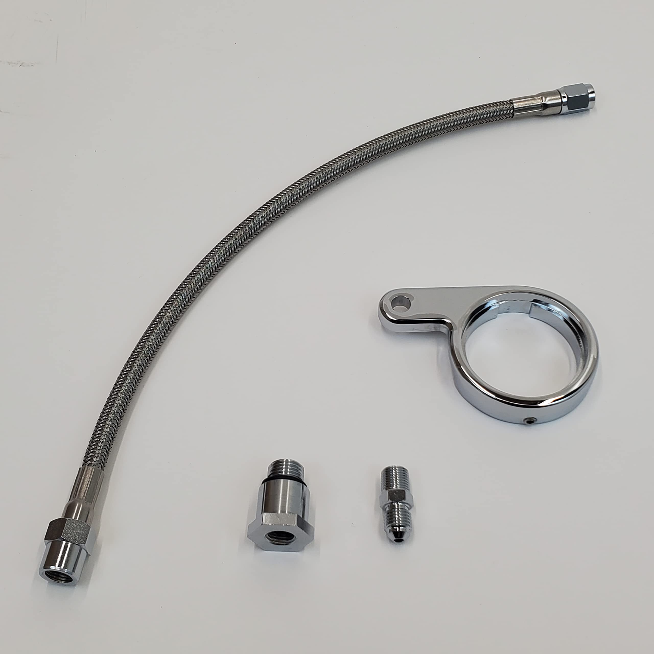 Chrome Rocker Box Oil Pressure Gauge Mount KIT w/Braided Stainless Steel Oil Line & Chrome Fittings for 1984-1999 Harley Big Twin “EVO” Evolution Touring/Softail/Dyna/FXR Models - Bobber Chopper