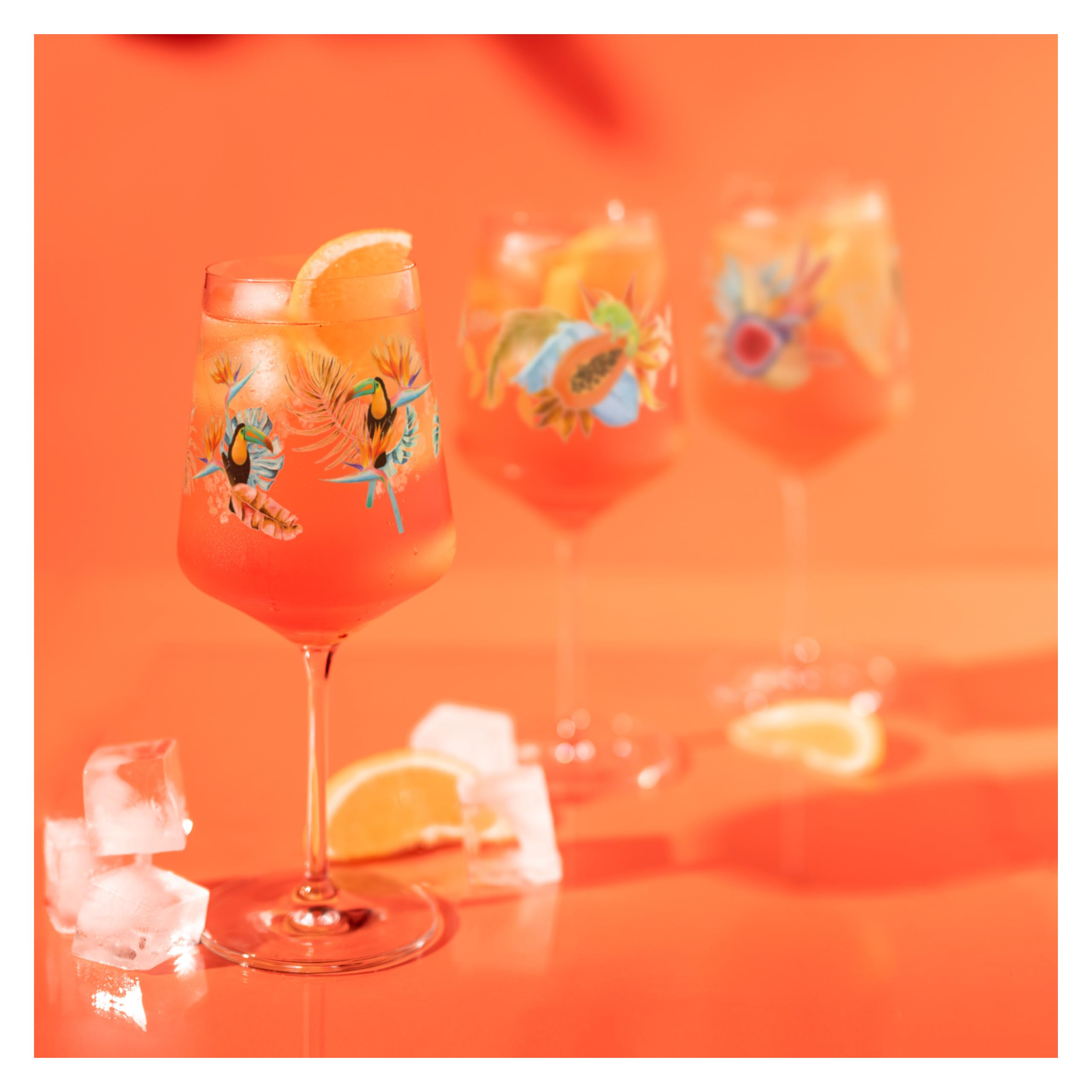 RITZENHOFF 6051004 Szklanki do aperitifu 500 ml - zestaw 4 szt. - seria Sommerrausch - motyw roślin tropikalnych - Made in Germany, pomarańczowy