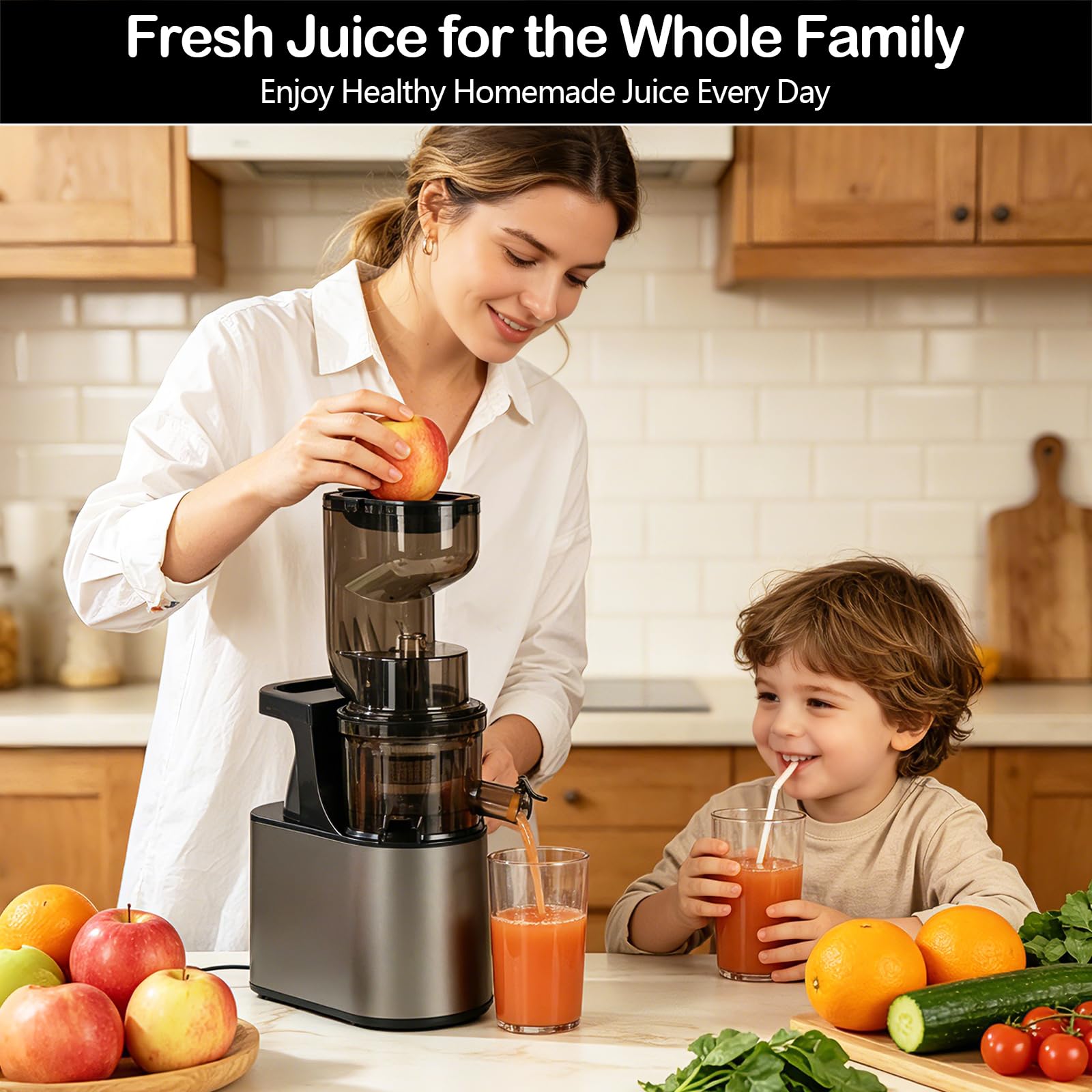 Extractor de Jugo Slow Juicer 1L, Entrada XXL de 160 mm | Hasta 97 % de Rendimiento, 2 Sistemas de Filtro para Zumo Sorbete Leche Vegetal & Helado de Frutas, Recetario Incluido