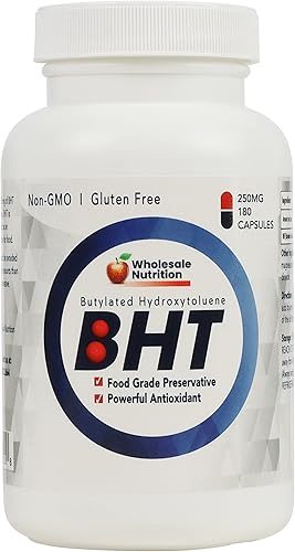 Wholesale Nutrition BHT Cápsulas - 250 mg, 180 cápsulas (suministro para 6 meses), antioxidante y conservante, sin OMG, sin gluten, 100% fabricado